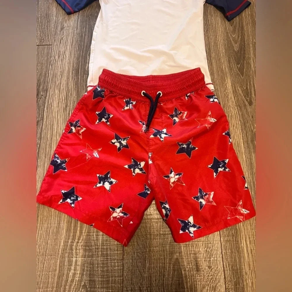 Tommy Bahama Kids Boys 2 Piece Bathing Suit Red White Blue Stars Size 5 - 6